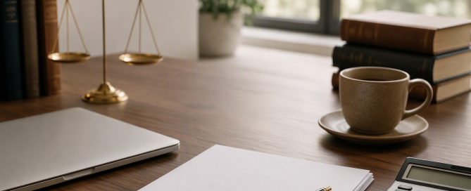 A wooden desk arranged with a laptop, calculator, law books, and papers for divorce financial planning